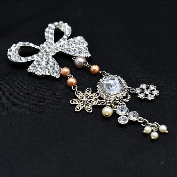 Bow Brooch, Dangling Hanging Charms, Faux Pearls, Vintage 1990s, 5 Inches - Picture 2 of 8